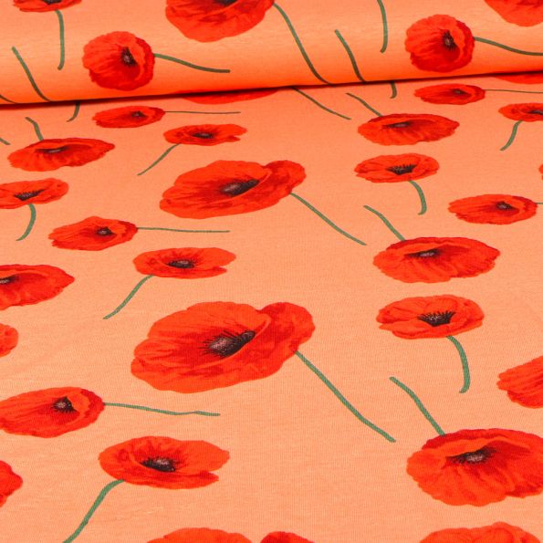 Tissu Jersey Viscose Coquelicots sur fond Saumon - Par 10 cm