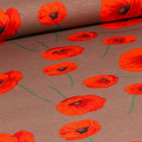 Tissu Jersey Viscose Coquelicots sur fond Marron - Par 10 cm