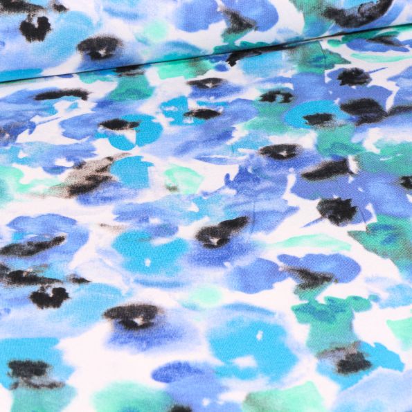 Tissu Jersey Viscose Aqua flowers bleu sur fond Blanc - Par 10 cm