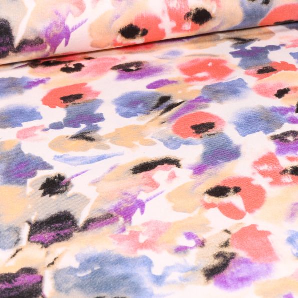 Tissu Jersey Viscose Aqua flowers nude sur fond Blanc - Par 10 cm