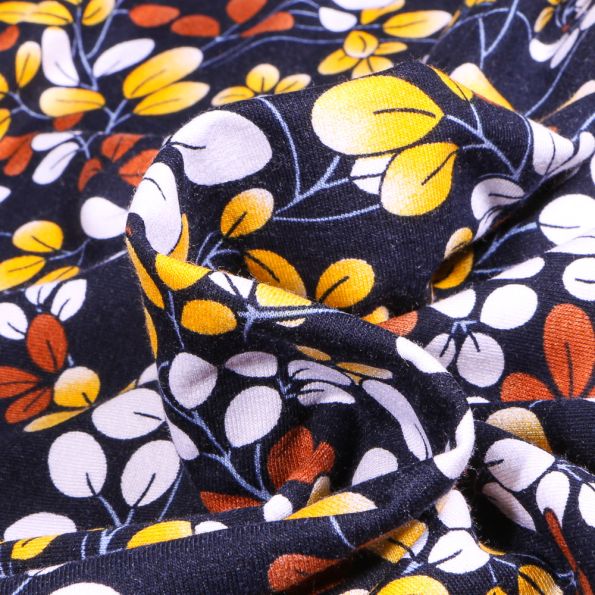 Tissu Jersey Viscose Audrey jaune orangé sur fond Bleu marine - Par 10 cm