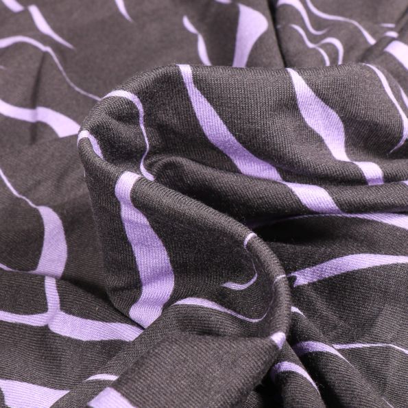 Tissu Jersey Viscose Zébré lila sur fond Noir - Par 10 cm