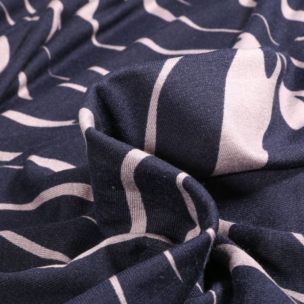 Tissu Jersey Viscose Zébré gris sur fond Bleu marine - Par 10 cm