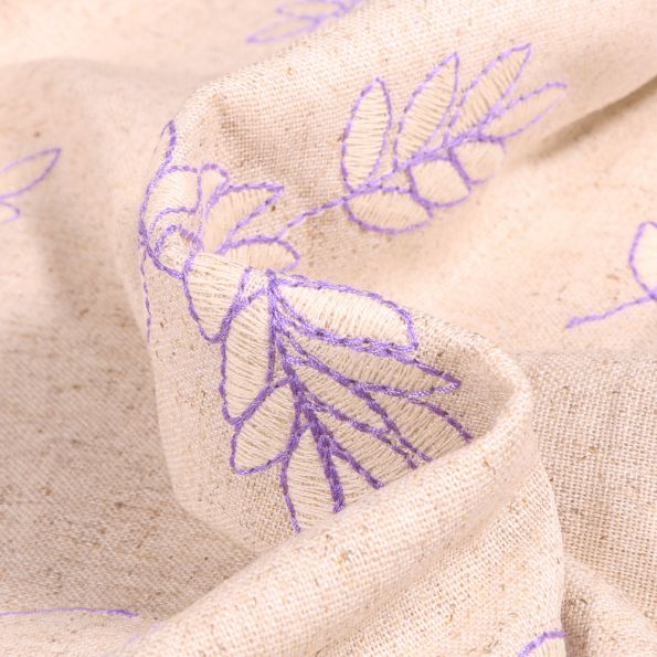 Tissu Lin Viscose Feuilles brodés lila sur fond Naturel - Par 10 cm