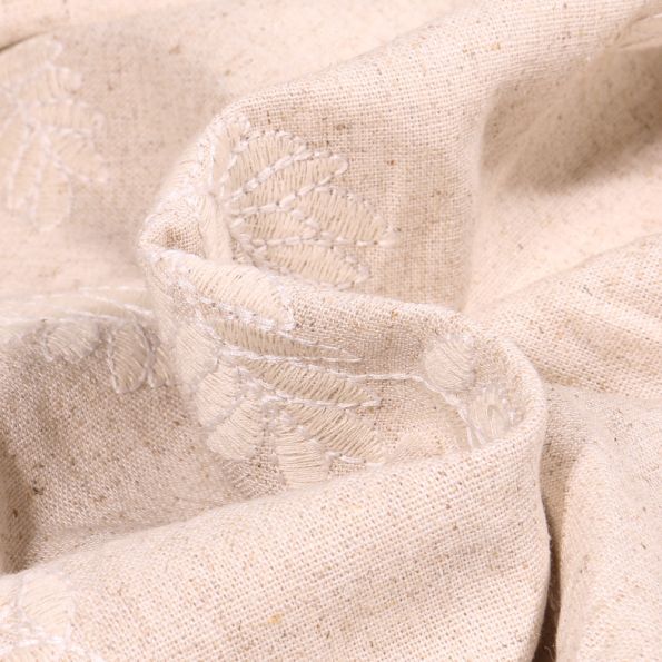 Tissu Lin Viscose Feuilles brodées blanches sur fond Naturel - Par 10 cm