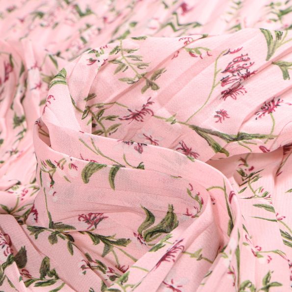 Tissu Crêpe imprimé Plissé Fleuris sur fond Rose pâle - Par 10 cm