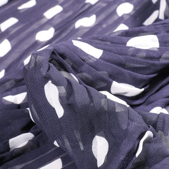 Tissu Crêpe imprimé Plissé Pois sur fond Bleu marine - Par 10 cm