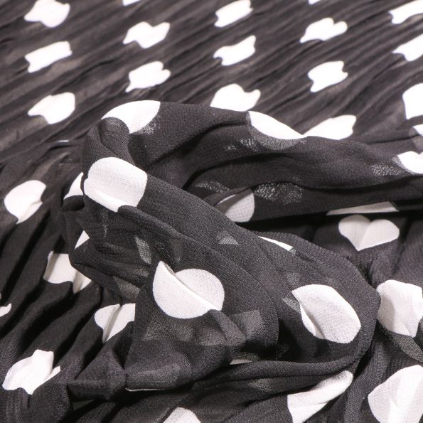 Tissu Crêpe imprimé Plissé Pois sur fond Noir - Par 10 cm