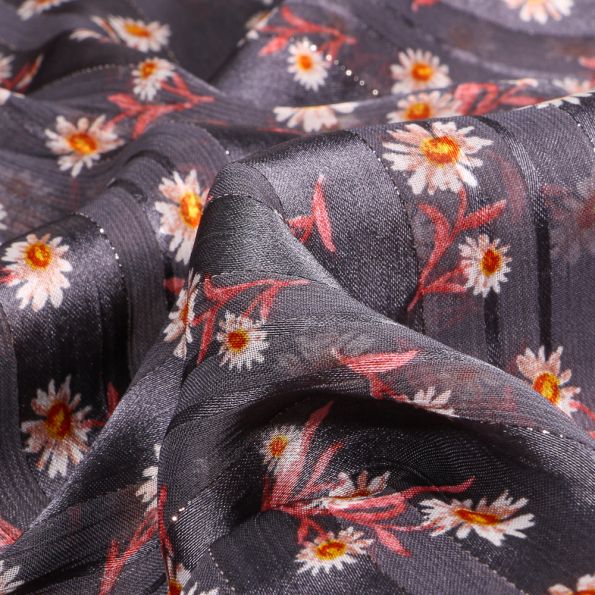 Tissu Voile satiné flowers sur fond Gris anthracite - Par 10 cm