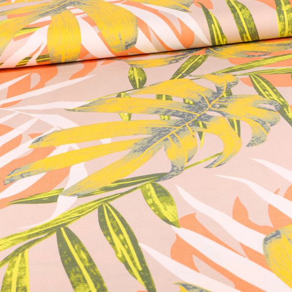 Tissu Viscose Twill Grandes feuilles de palmier sur fond Rose nude - Par 10 cm