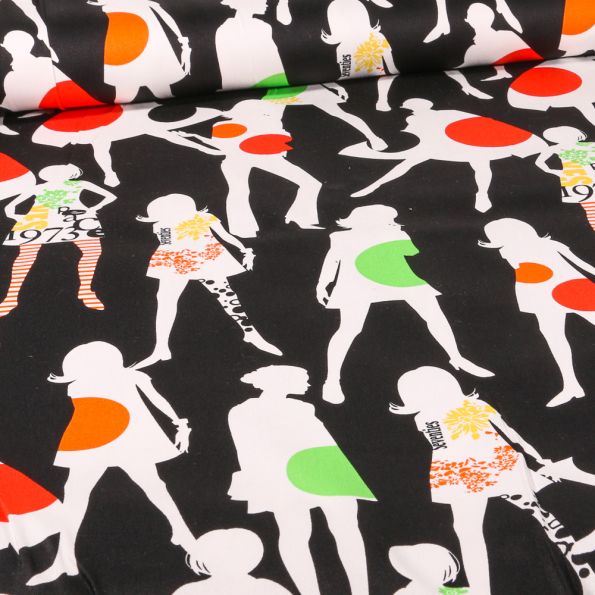 Tissu Jersey Coton Personnages sur fond Noir - Par 10 cm