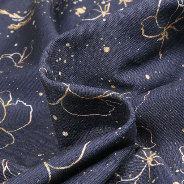 Tissu Jersey Coton Bio Fleurs dorés métallisé sur fond Bleu marine - Par 10 cm