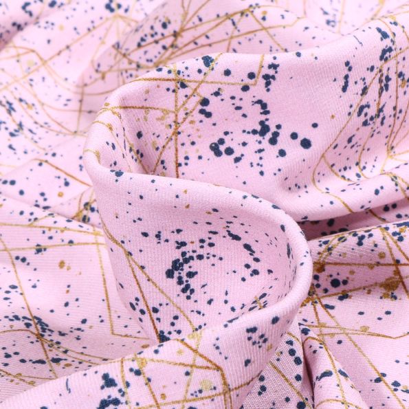 Tissu Jersey Coton Taches et lignes géométriques dorés sur fond Rose pâle - Par 10 cm