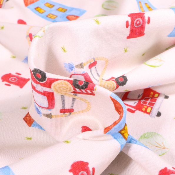 Tissu Jersey Coton Bio Caserne de pompier sur fond Blanc cassé - Par 10 cm