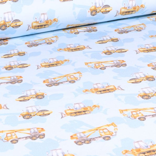 Tissu Jersey Coton Bio Camions de chantier sur fond Bleu - Par 10 cm