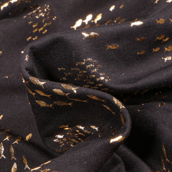 Tissu Jersey Coton Petits poissons métallisés sur fond Noir - Par 10 cm