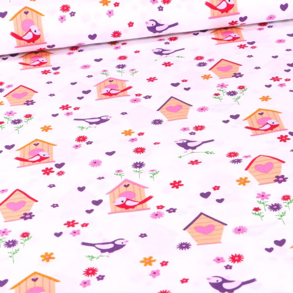 Tissu Coton imprimé Mangeoire oiseaux et petites fleurs sur fond Blanc - Par 10 cm