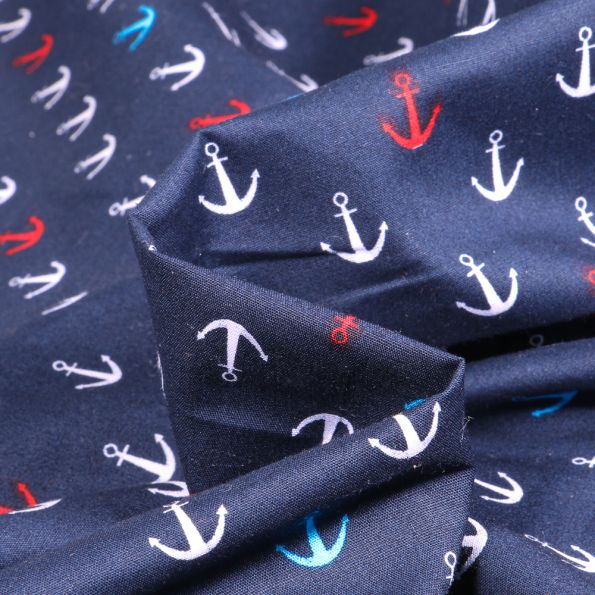 Tissu Coton imprimé Ancre marine 1.5 cm bleu blanc rouge sur fond Bleu marine - Par 10 cm