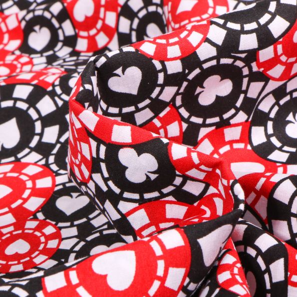 Tissu Coton imprimé Jetons casino sur fond Rouge - Par 10 cm