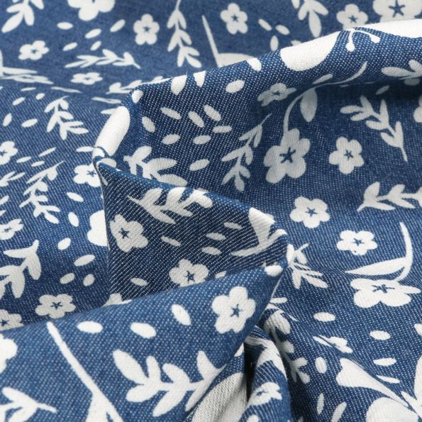 Tissu Chambray Papillons et fleurs sur fond Bleu denim - Par 10 cm
