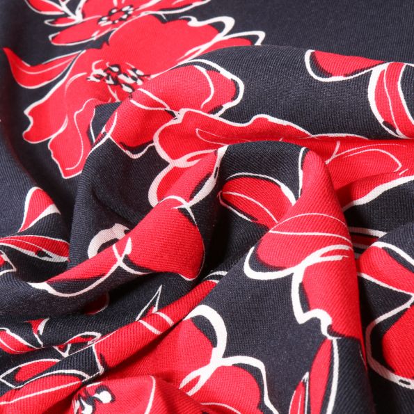 Tissu Viscose Twill Meissa rouge sur fond Bleu marine - Par 10 cm