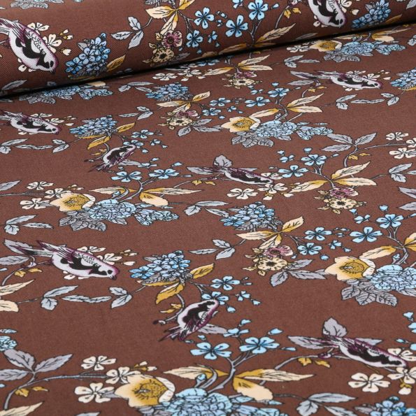 Tissu Viscose Twill Birds & flowers sur fond Marron chocolat - Par 10 cm