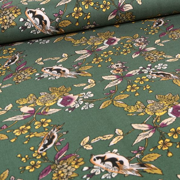 Tissu Viscose Birds & flowers sur fond Vert kaki - Par 10 cm