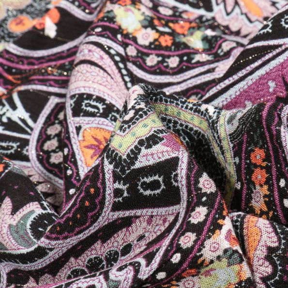 Tissu Viscose lurex Paisley multicolore sur fond Noir - Par 10 cm