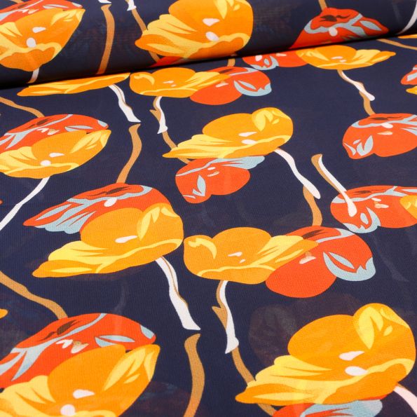 Tissu Mousseline Rosye sur fond Bleu marine - Par 10 cm