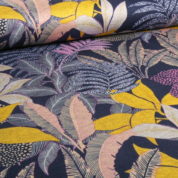 Tissu Jersey Polyviscose Pois et fleurs violet sur fond Bleu marine - Par 10 cm