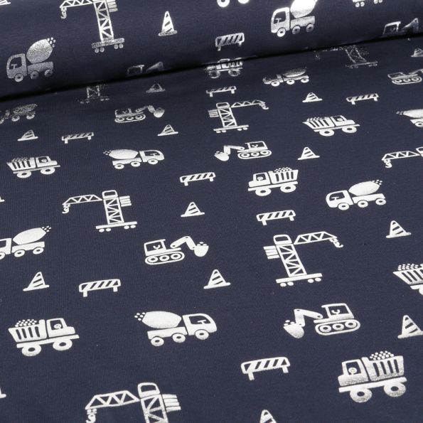 Tissu Jersey Coton Engins de chantier métalissés sur fond Bleu marine - Par 10 cm