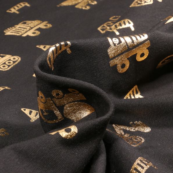 Tissu Jersey Coton Engins de chantier métalissés sur fond Noir - Par 10 cm