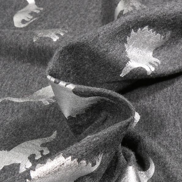 Tissu Jersey Coton Dino métalissé argenté sur fond Gris foncé chiné - Par 10 cm