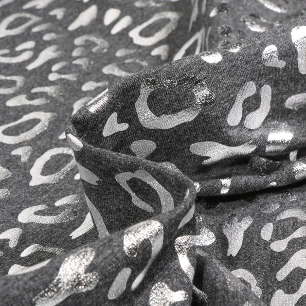 Tissu Jersey Coton Léo métalissé sur fond Gris foncé - Par 10 cm