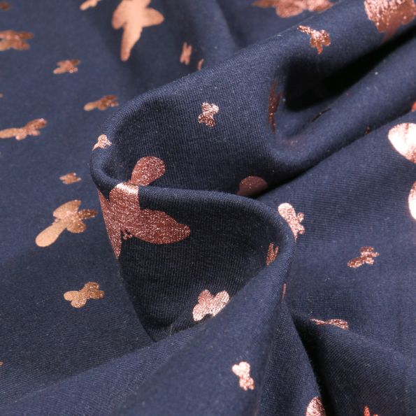 Tissu Jersey Coton Papillons métalissés sur fond Bleu marine - Par 10 cm