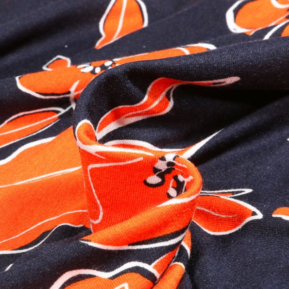 Tissu Jersey Viscose Twigs orange sur fond Bleu marine - Par 10 cm