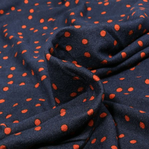 Tissu Jersey Viscose Dotty rouge orangé sur fond Bleu marine - Par 10 cm