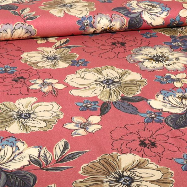 Tissu Viscose Twill Flo sur fond Rose - Par 10 cm