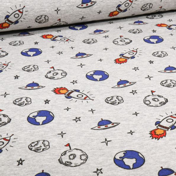 Tissu Sweat envers molletonné Mission Space sur fond Gris clair chiné - Par 10 cm