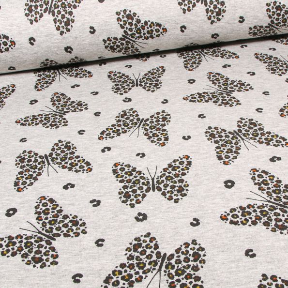 Tissu Sweat envers minky Papillons Léo sur fond Gris chiné - Par 10 cm