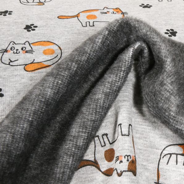 Tissu Sweat envers minky Kitty kitty sur fond Gris clair - Par 10 cm