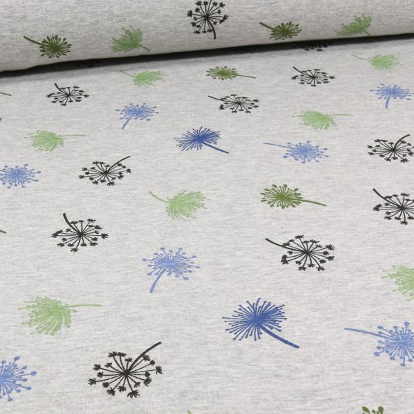 Tissu Sweat envers minky Pissenlits colorés sur fond Gris chiné - Par 10 cm