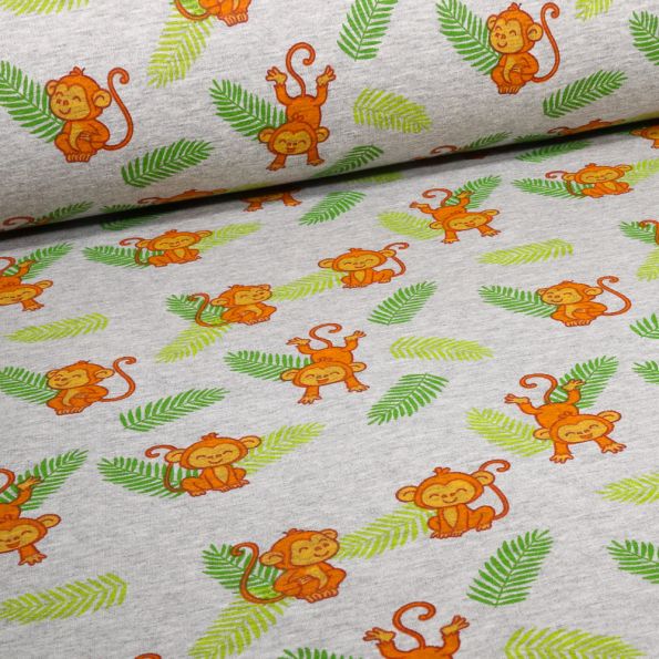 Tissu Sweat envers minky Wistiti sur fond Gris chiné - Par 10 cm