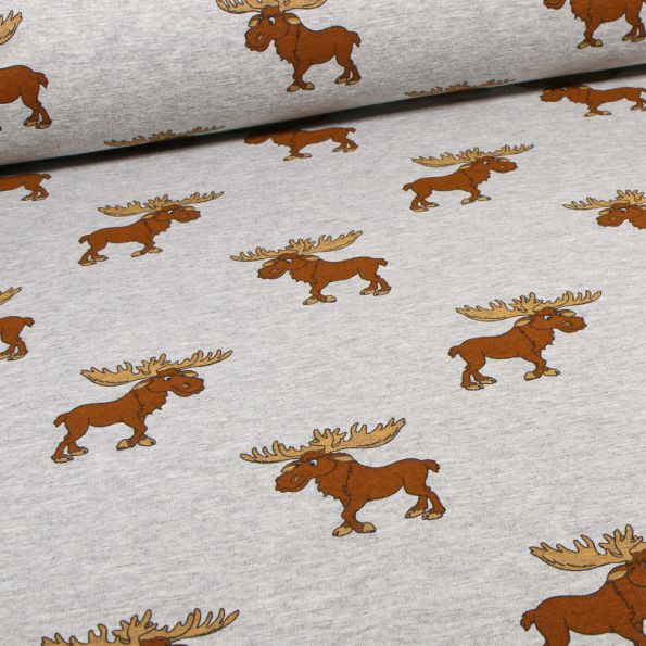 Tissu Sweat envers minky Caribou sur fond Gris chiné - Par 10 cm