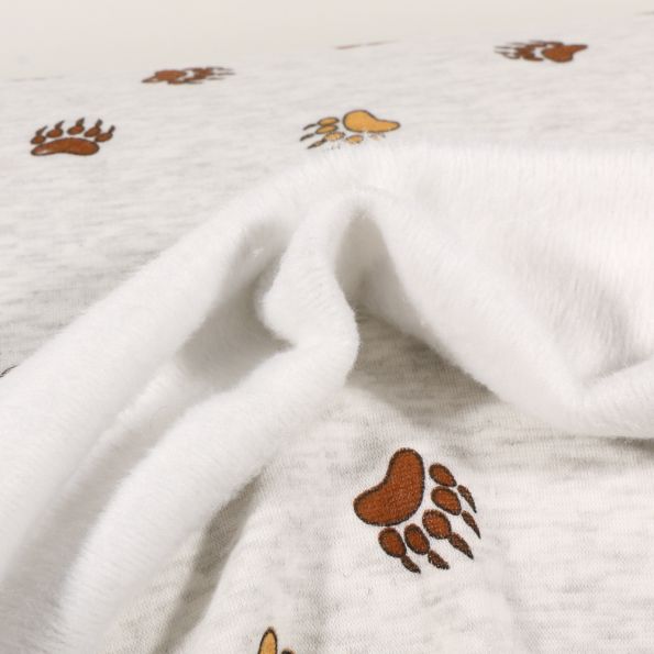 Tissu Sweat envers minky Griffes sur fond Gris clair chiné - Par 10 cm