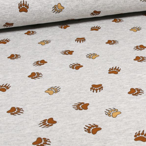 Tissu Sweat envers minky Griffes sur fond Gris chiné - Par 10 cm