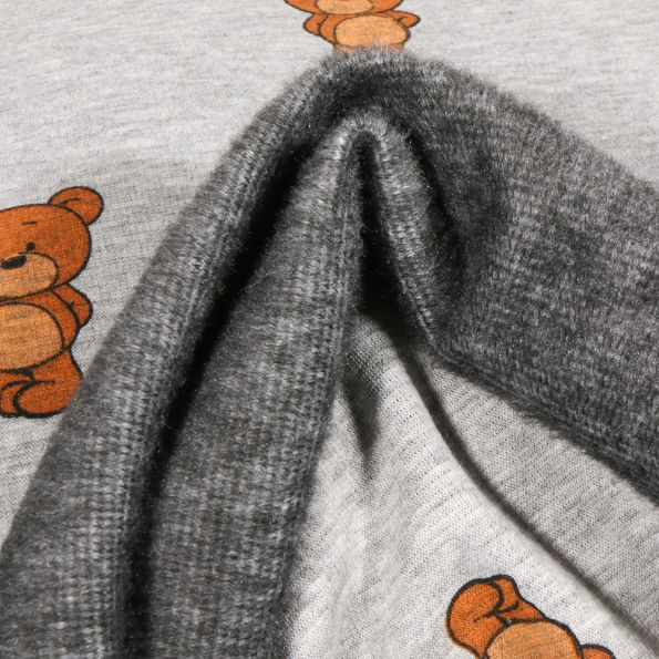 Tissu Sweat envers minky Ptit'ourson sur fond Gris clair chiné - Par 10 cm