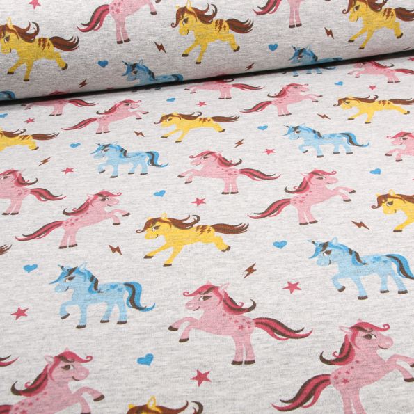 Tissu Sweat envers minky Pony licornes jaune et rose sur fond Gris chiné - Par 10 cm
