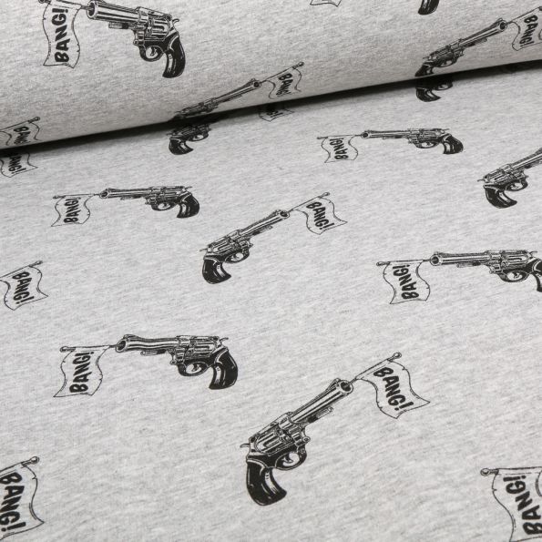 Tissu Sweat envers molletonné Bang Bang sur fond Gris clair chiné - Par 10 cm