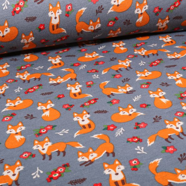 Tissu Sweat envers molletonné Foxy Frenzy sur fond Bleu gris - Par 10 cm